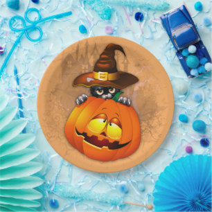 Halloween Niedlich Kitty Hexe und Kürbisfreund Pappteller