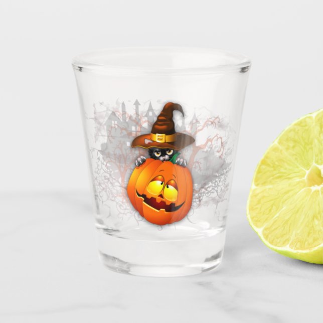 Halloween Niedlich Kitty Hexe und Kürbisfreund Schnapsglas (Vorderseite)