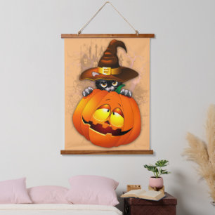 Halloween Niedlich Kitty Hexe und Kürbisfreund Wandteppich Mit Holzrahmen