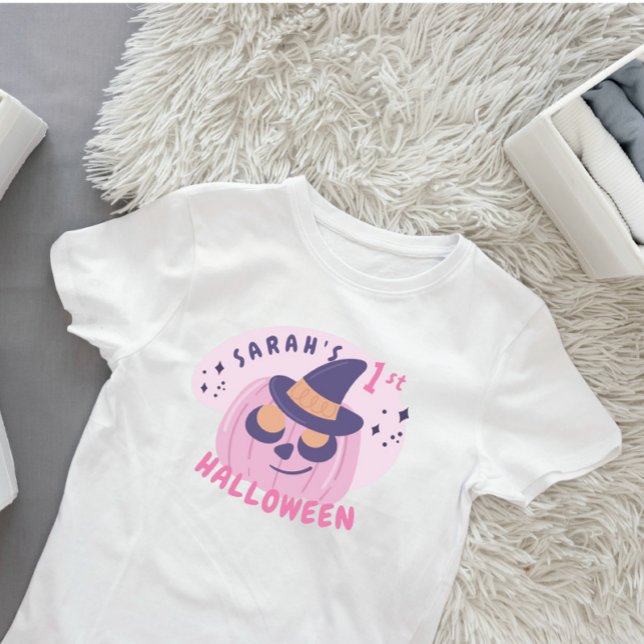 Halloween Niedlich Pink & Lila Kürbishut Baby T-shirt (first halloween, personalize name, pink pumpkin)