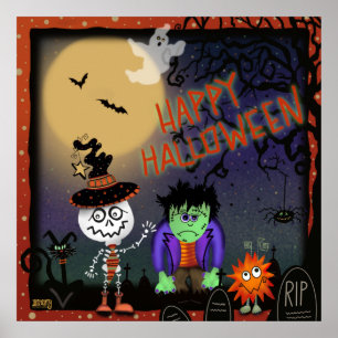 Halloween Niedlich Spooky Skelettkatzenmonster Poster