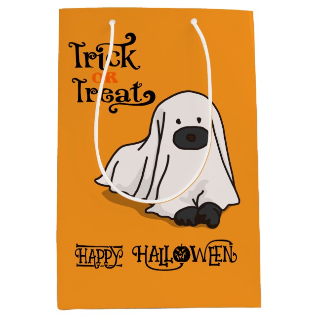 Halloween Niedlich Spooky Whimsical Ghost Dog Oran Mittlere Geschenktüte (Vorderseite)