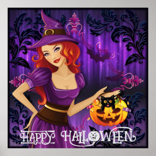 Halloween Niedlich Spooky Whimsical Hexe Lila Poster