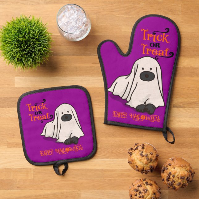 Halloween Niedlich Whimsical Ghost Dog Lila Ofenhandschuh & Topflappen-Set (Oben Unten)