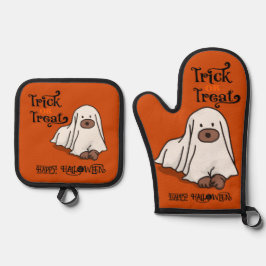 Halloween Niedlich Whimsical Ghost Dog Orange Ofenhandschuh & Topflappen-Set