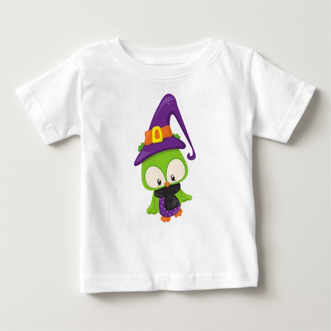 Halloween, Niedliche Eule, grünes Owl, Hexenhut Baby T-shirt (Vorderseite)