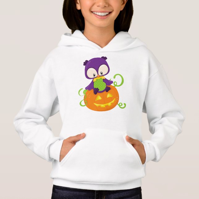 Halloween, Niedliche Eule, Lila Eule, Kürbis Hoodie (Vorderseite)