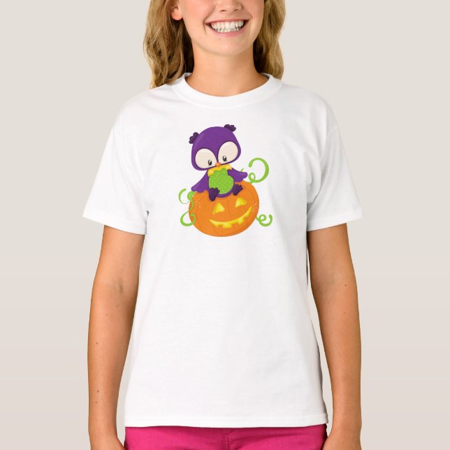 Halloween, Niedliche Eule, Lila Eule, Kürbis T-Shirt (Vorderseite)