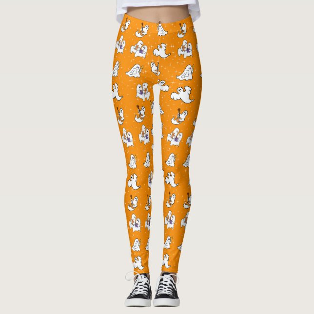 Halloween niedliche Geister auf orangefarbenem Hin Leggings (Vorderseite)