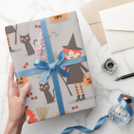 Halloween Niedliche Hexe, Kürbis, Schwarze Katze Geschenkpapier