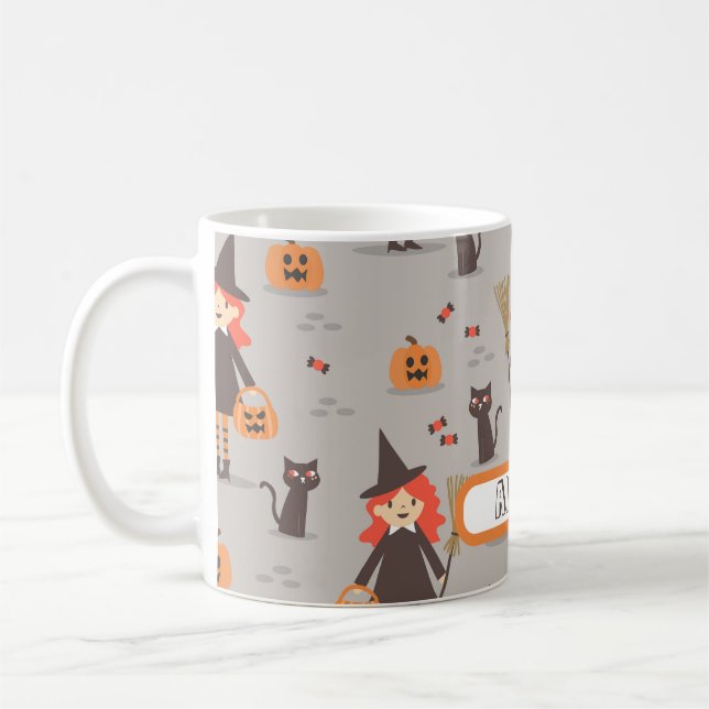 Halloween Niedliche Hexe, Kürbis, Schwarze Katze Kaffeetasse (Links)