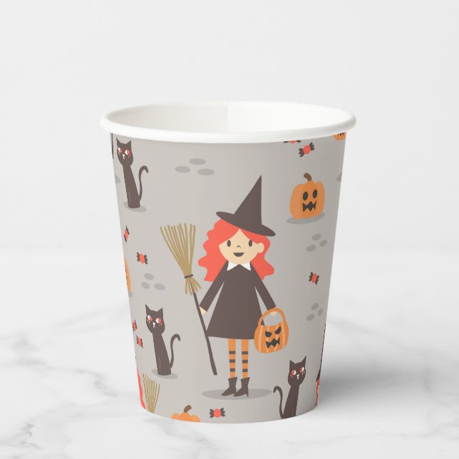 Halloween Niedliche Hexe, Kürbis, Schwarze Katze Pappbecher (Links)