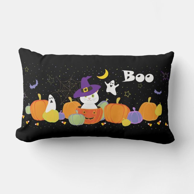 Halloween Niedliche Katze in Hexenhut Lendenkissen (Vorderseite)