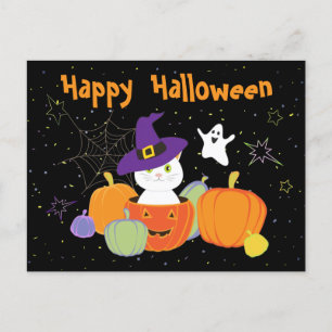 Halloween Niedliche Katze in Hexenhut Postkarte