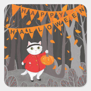 Halloween Niedliche Katze und Kürbislaterne Quadratischer Aufkleber