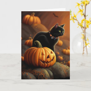 Halloween Niedliche Schwarze Katze und Kürbislater Karte