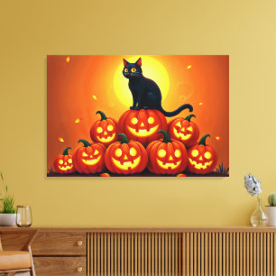 Halloween niedliche Schwarze Katze und Laternen de Leinwanddruck