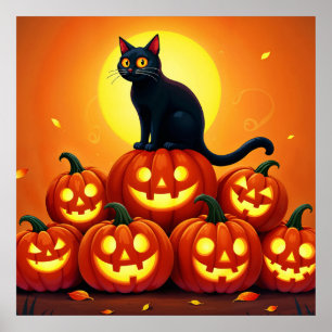 Halloween niedliche Schwarze Katze und Laternen de Poster