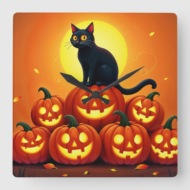 Halloween niedliche Schwarze Katze und Laternen de Quadratische Wanduhr (Vorderseite)