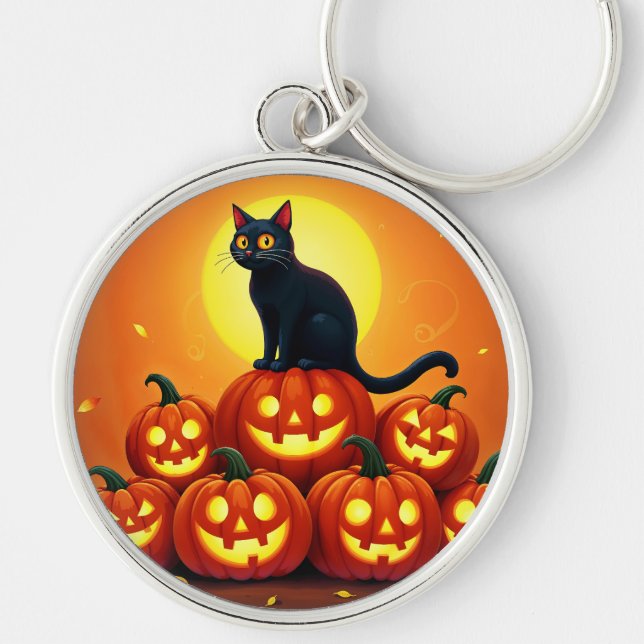 Halloween niedliche Schwarze Katze und Laternen de Schlüsselanhänger (Vorne)