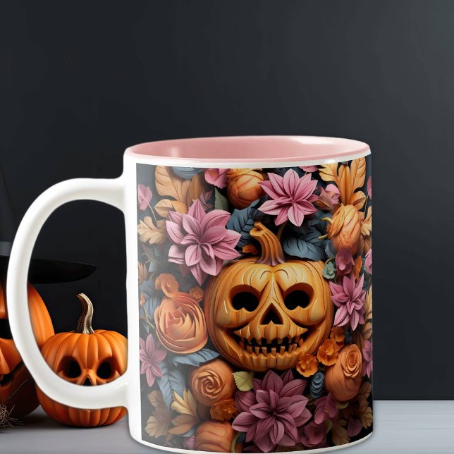 Halloween Niedlicher 3D-Pumpkin und Blume, Pink Zweifarbige Tasse (Von Creator hochgeladen)
