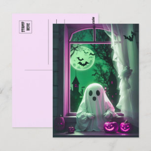 Halloween Niedlicher kleiner Geist von der Fenster Postkarte