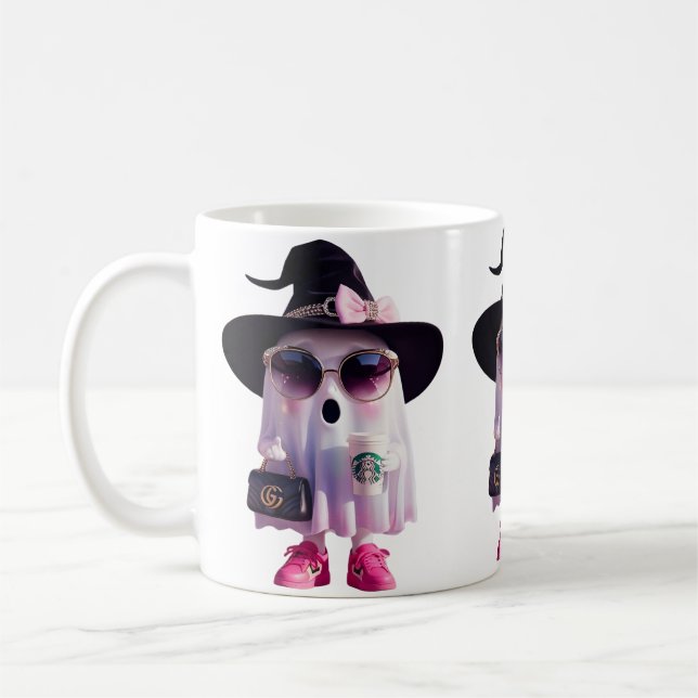 Halloween Niedlicher Lady Ghost mit Kaffee Kaffeetasse (Links)