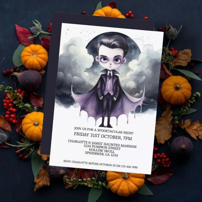 Halloween Niedlicher Vampir unter Vollmond Einladung (Halloween Cute Vampire Under a Full Moon Invitations from Ricaso. Halloween Party invites)