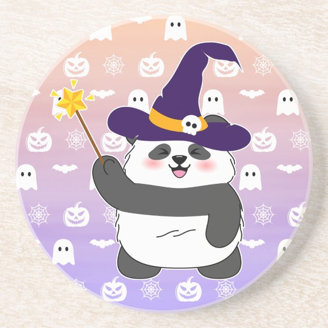 Halloween Niedliches Baby Panda Hexe Magic Wand Getränkeuntersetzer (Vorne)
