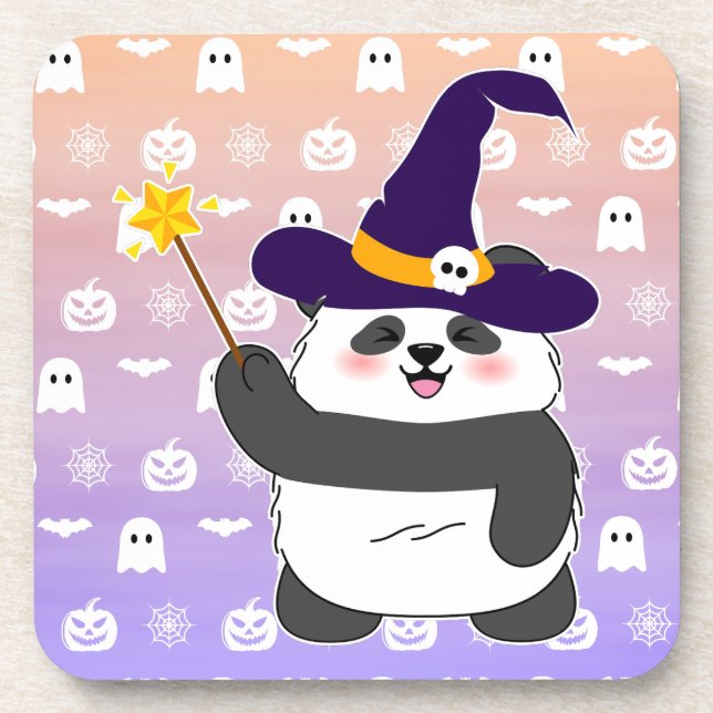 Halloween Niedliches Baby Panda Hexe Magic Wand Getränkeuntersetzer (Vorderseite)