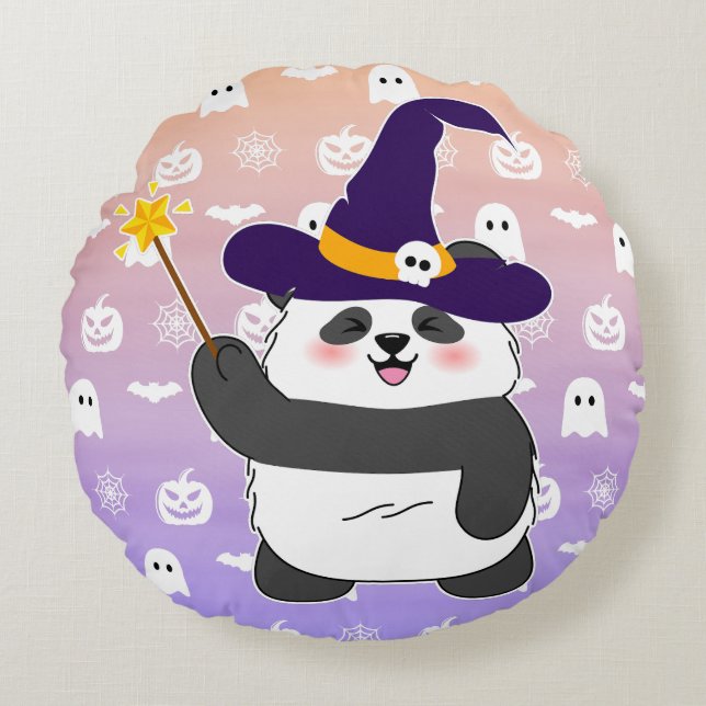 Halloween Niedliches Baby Panda Hexe Magic Wand Rundes Kissen (Vorderseite)