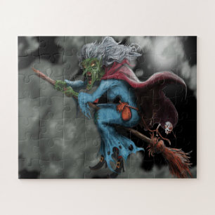 Halloween Night Beängstigend Flying Hexenschädel Puzzle