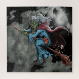 Halloween Night Beängstigend Flying Hexenschädel Puzzle