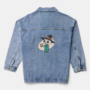 Halloween Nurse mit Kaffee-Tragen Hexenhut Cl Jeansjacke