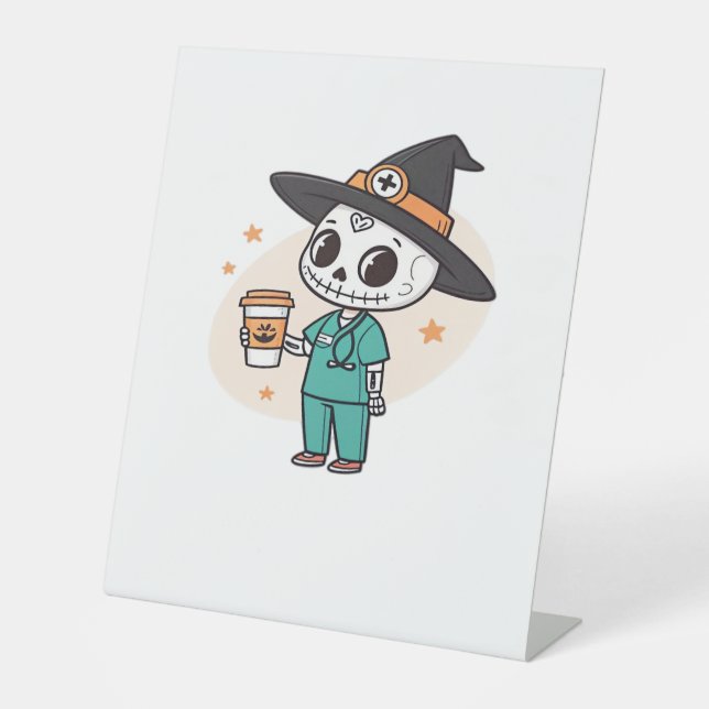 Halloween Nurse mit Kaffee-Tragen Hexenhut Cl Sockelschild (Vorderseite)