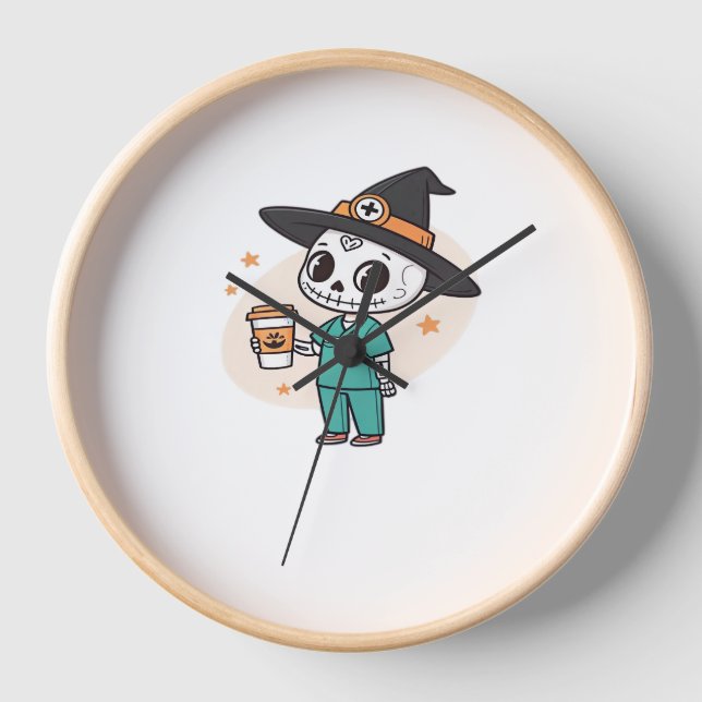 Halloween Nurse mit Kaffee-Tragen Hexenhut Cl Uhr (Vorderseite)