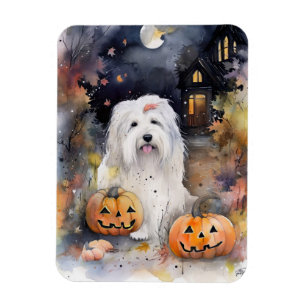 Halloween Old English Sheepdog mit Kürbissen Gruse Magnet