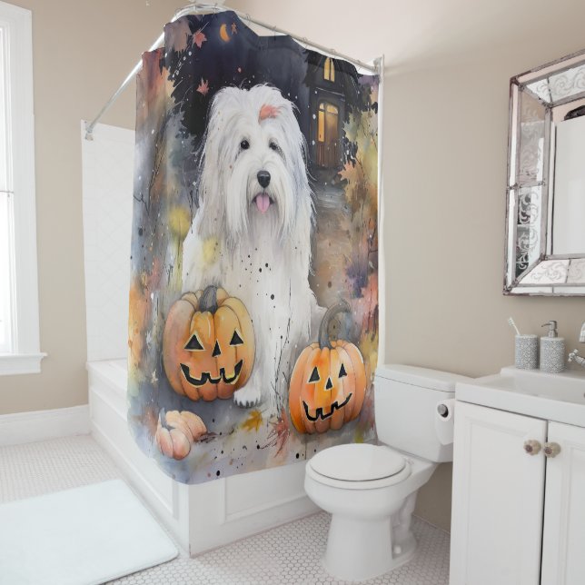 Halloween Old English Sheepdog mit Pumpkins Beängs Duschvorhang (Beispiel)