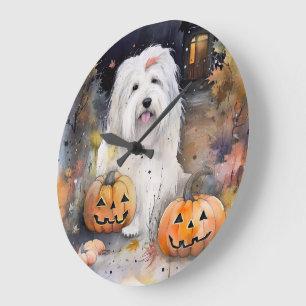 Halloween Old English Sheepdog mit Pumpkins Beängs Große Wanduhr