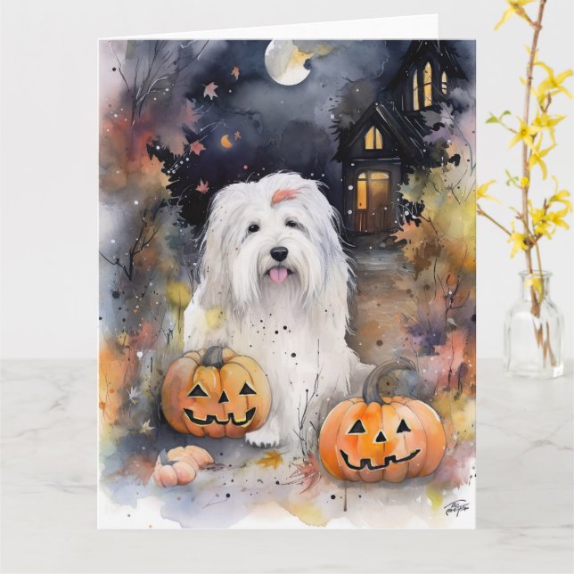 Halloween Old English Sheepdog mit Pumpkins Beängs Karte (Gelbe Blume)