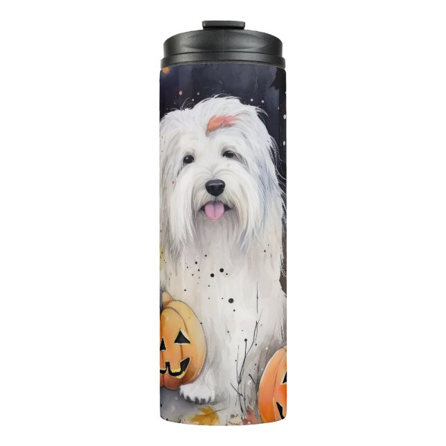 Halloween Old English Sheepdog mit Pumpkins Beängs Thermosbecher (Vorderseite)