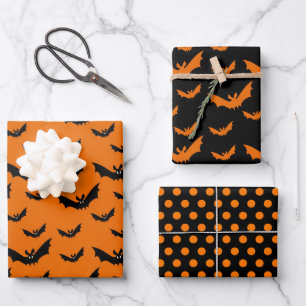 Halloween Orange Black Bat & Polka Dot Kid Party Geschenkpapier Set