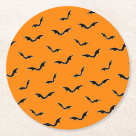 Halloween Orange & Black Bats Flying Pattern Runder Pappuntersetzer