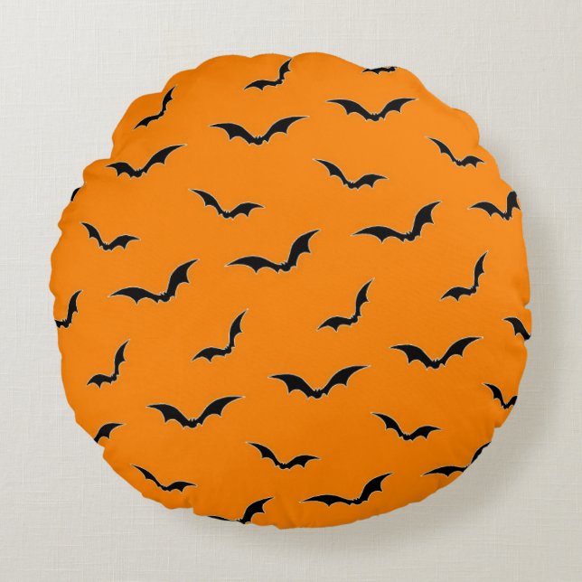 Halloween Orange & Black Bats Flying Pattern Rundes Kissen (Vorderseite)