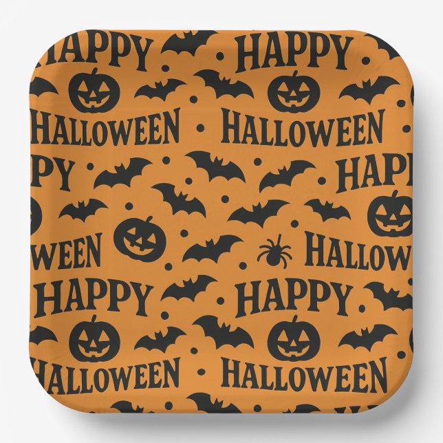 Halloween Orange & Black Jack-O-Lanterns Bats Pappteller (Vorderseite)