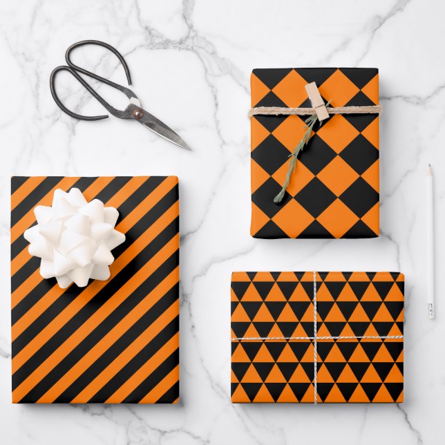 Halloween Orange Black Modern Pattern Benutzerdefi Geschenkpapier Set (Vorderseite)