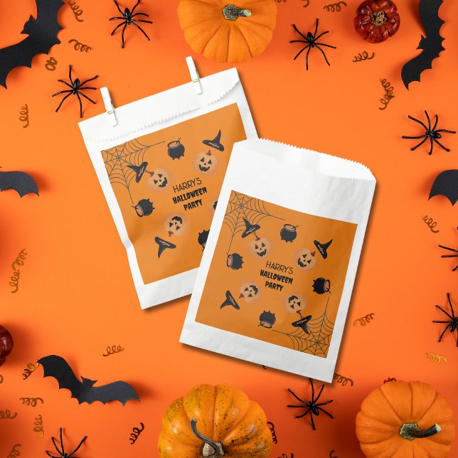 Halloween Orange & Black Personalisierte Gefälligk Geschenktütchen (Halloween Black & Orange Personalised Paper Favour Bags.)