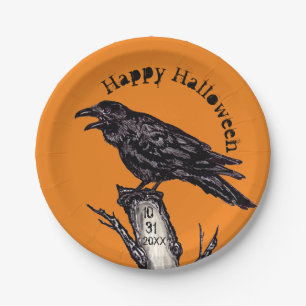 Halloween Orange Black Raven Crow datiert gotisch Pappteller