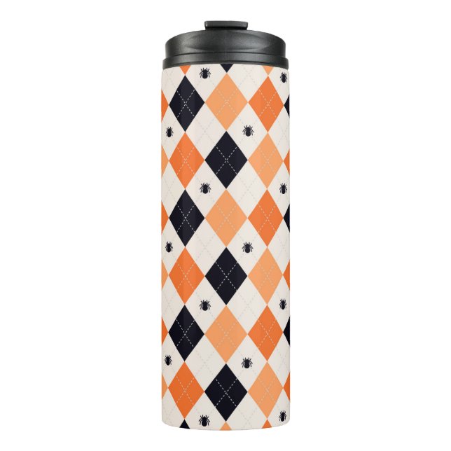 Halloween Orange & Black Spiding Raute Muster Thermosbecher (Vorderseite)