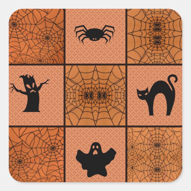 Halloween Orange Black Spooky Spider Web Collage Quadratischer Aufkleber (Vorderseite)